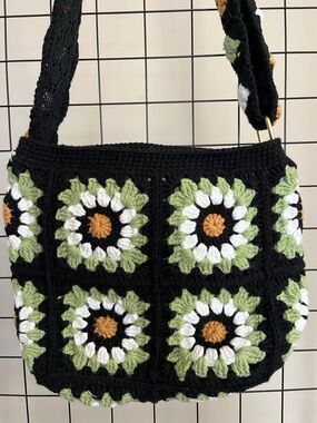 Handmade Crochet Floral Square Shoulder Bag - adjustable strap